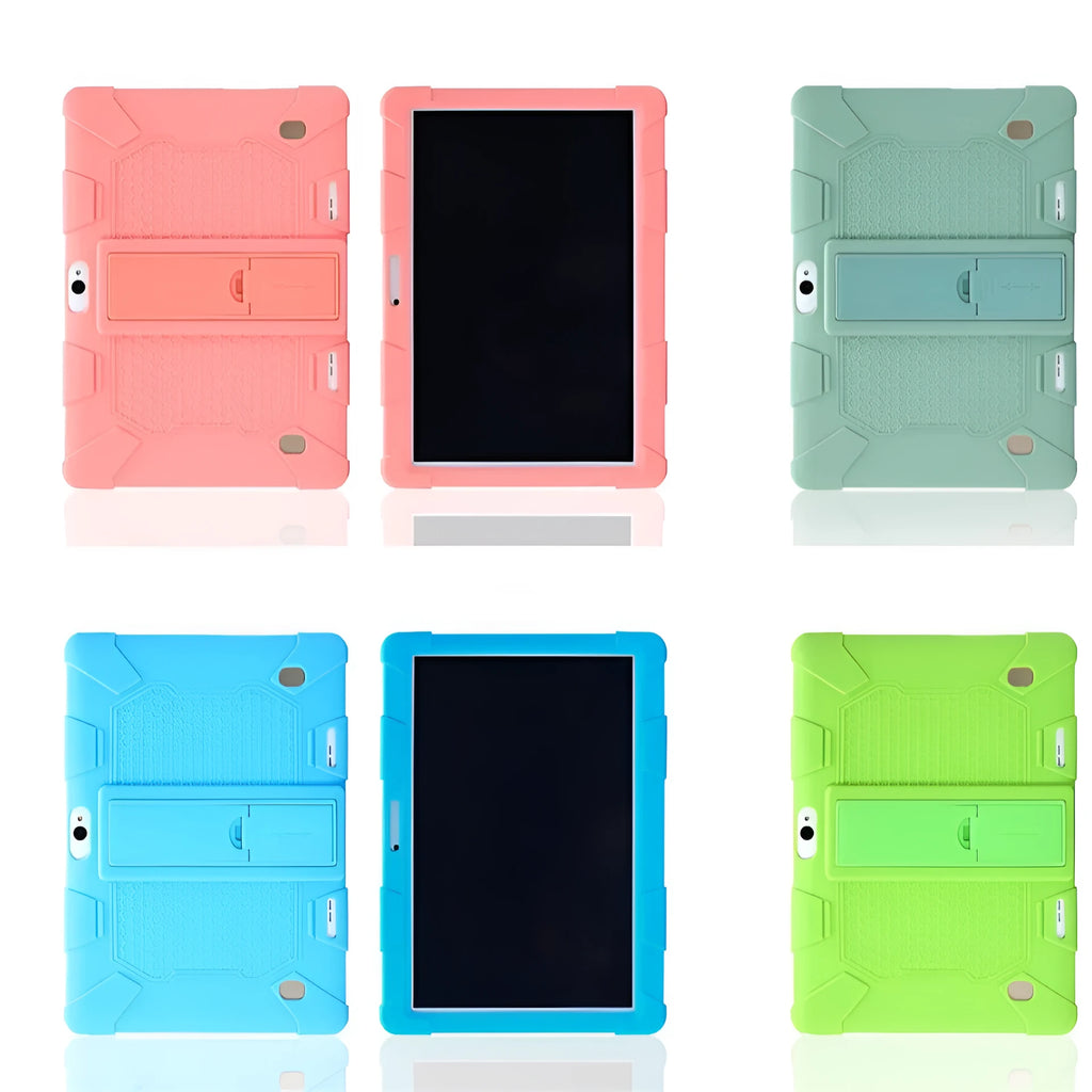 Pink silicone protective case with stand for a 10.1-inch tablet on a table