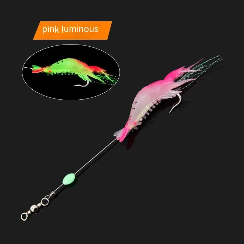Six soft plastic fishing lures with hooks in assorted colours including black head yellow body and luminous pink