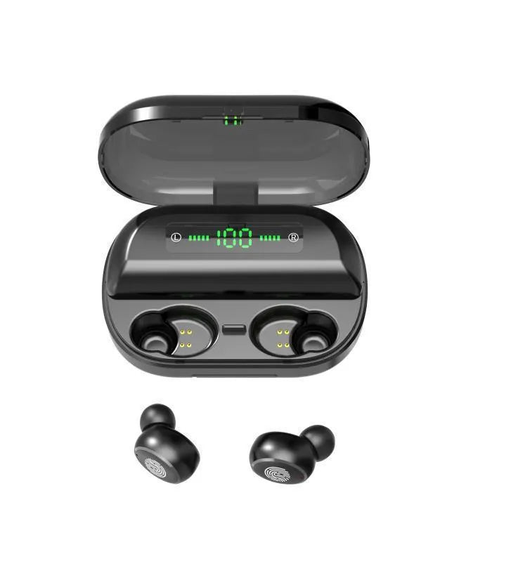 V11 Bluetooth true wireless earbuds in charging case with digital display, black and white options