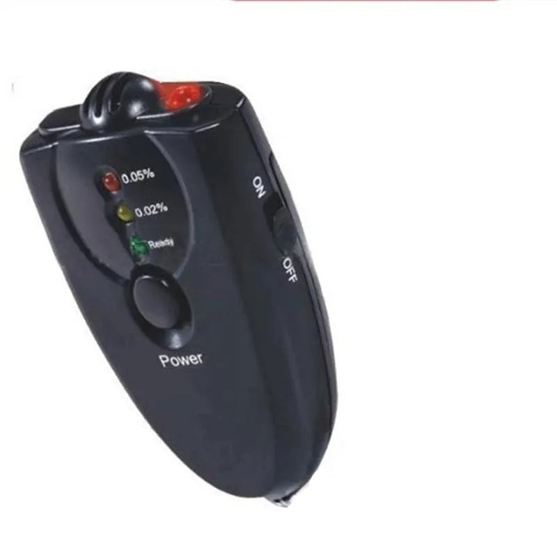 Black portable breath alcohol tester with LED display, torch flashlight, and keychain attachment on a white background