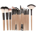 18-piece makeup brush set showing various brush shapes including fan tools for powder and contouring