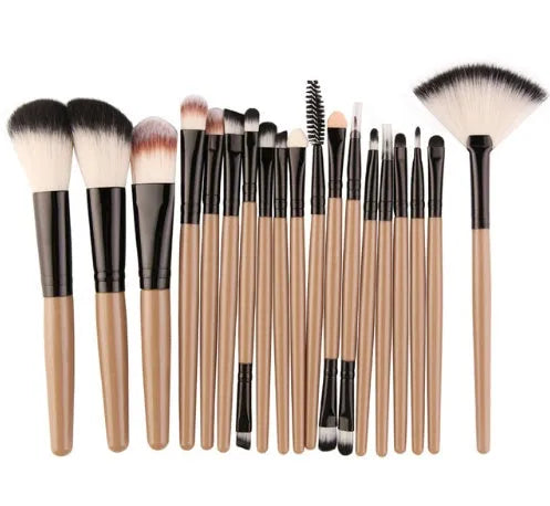 18-piece makeup brush set showing various brush shapes including fan tools for powder and contouring