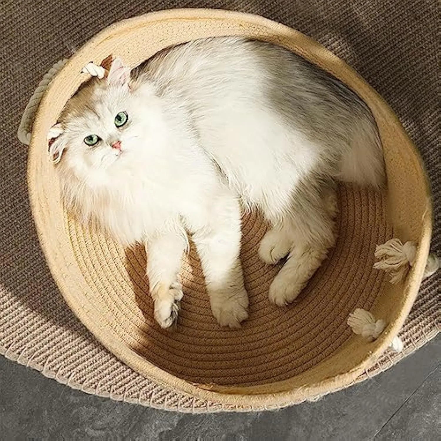 Wicker cat bed basket with integrated corrugated scratching surface for small to medium sized cats