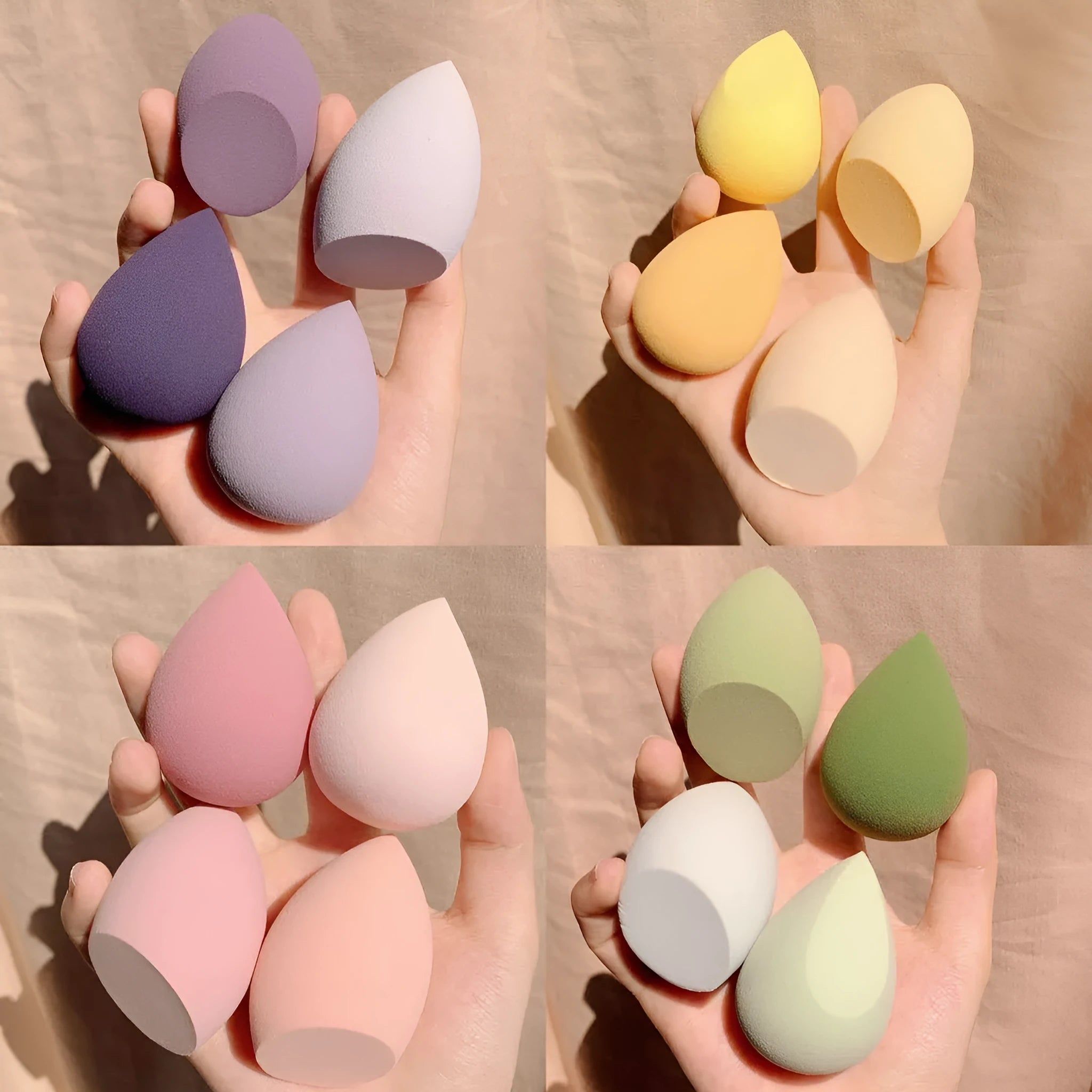 Makeup egg box containing four synthetic sponge beauty applicators in assorted colours including grape, mango, mint, and peach