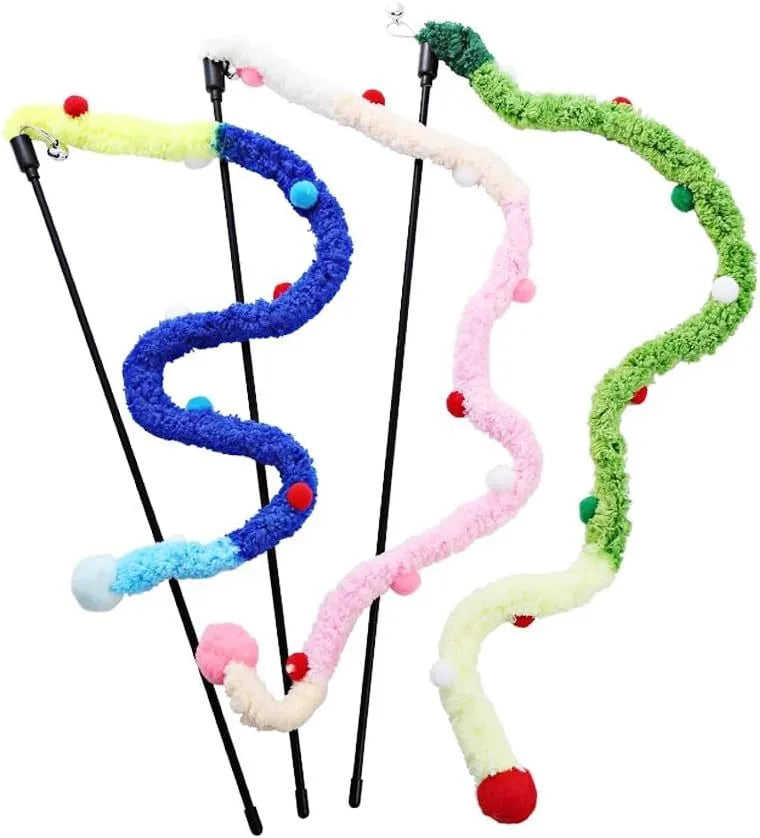 Interactive cat wand toy with colourful plush strip and bell attachment for indoor play