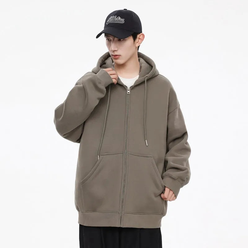 Men's solid colour hooded cardigan sweatshirt in loose fit polyester, front view