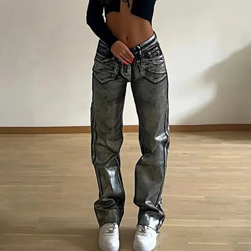 Blue high waist straight leg jeans with contrast details on mannequin