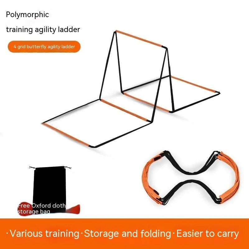 Multi-colour plastic butterfly agility ladder and jump grid set for children's fitness training.