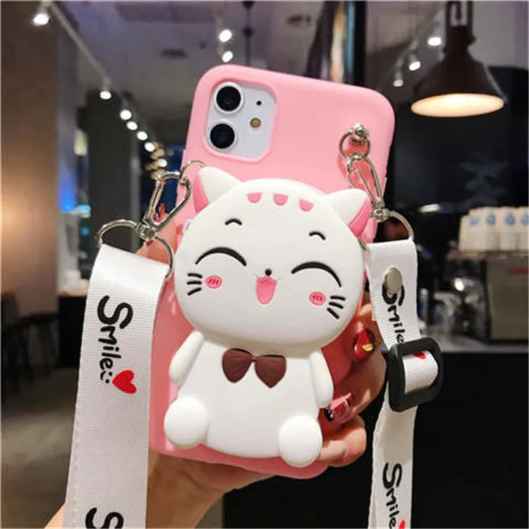Cartoon camouflage silicone wallet case for Huawei phones showing built-in card slots on the back.