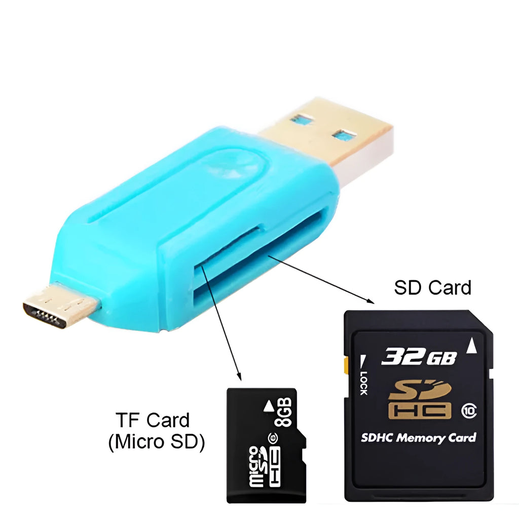 OTG dual-purpose card reader in five colours with micro USB interface for SD and TF memory cards