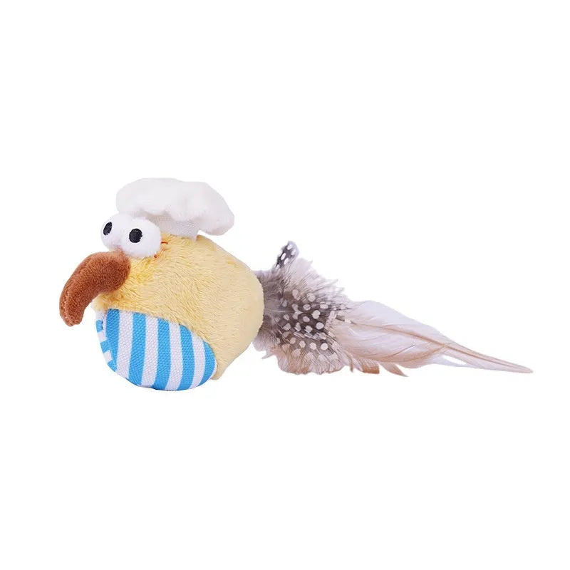 Bird-shaped catnip cat toy made from fleece cloth and woven fabric in two colour options