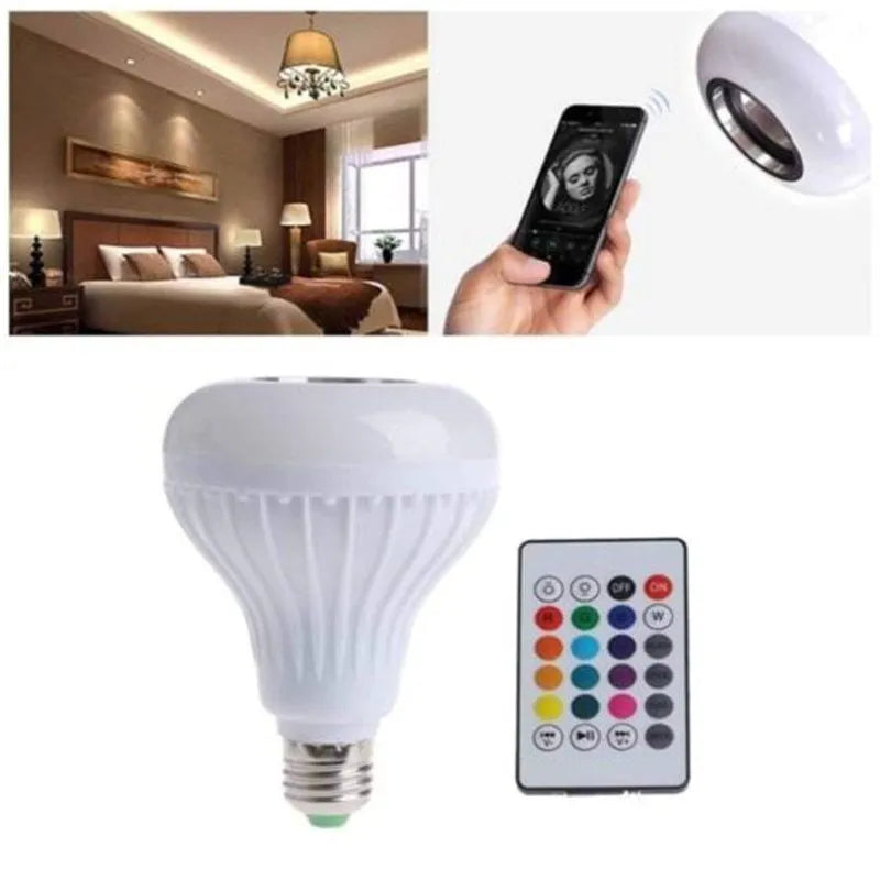 White E27 Bluetooth speaker light bulb with remote control for colour changing illumination