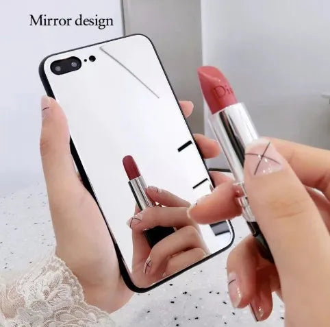 Black iPhone case with a square glass mirror on the back, compatible with iPhone 7 Plus, 8 Plus, and X models.