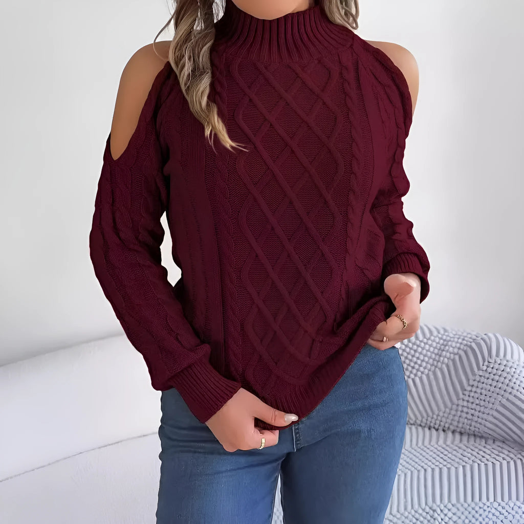 Women's acrylic sweater with twist design, strapless half-high collar, and lantern long sleeves in multiple colours