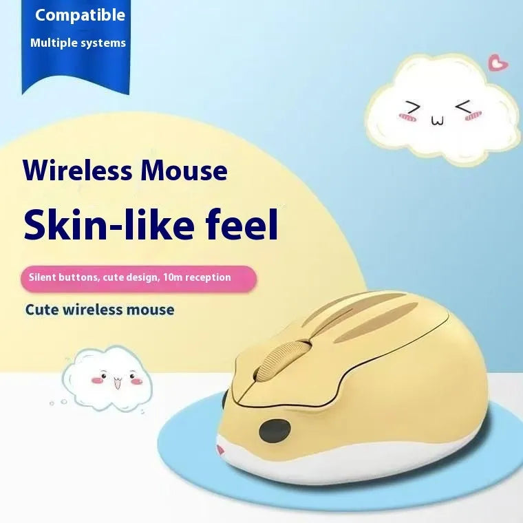 Yellow Bluetooth wireless mouse next to hamster habitat showing compact 105mm size