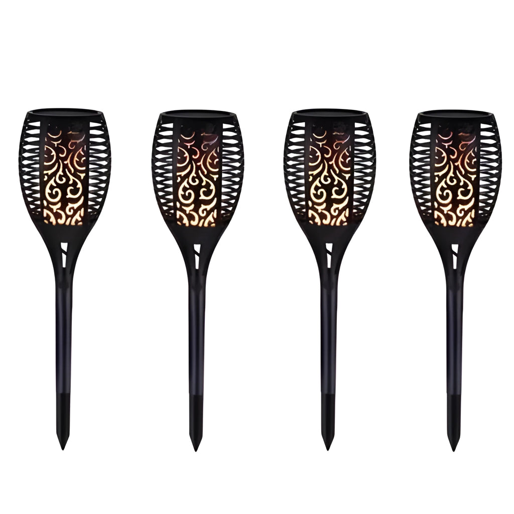 83cm black LED solar flame flickering lawn lamp with realistic dancing warm white light effect and ground spike