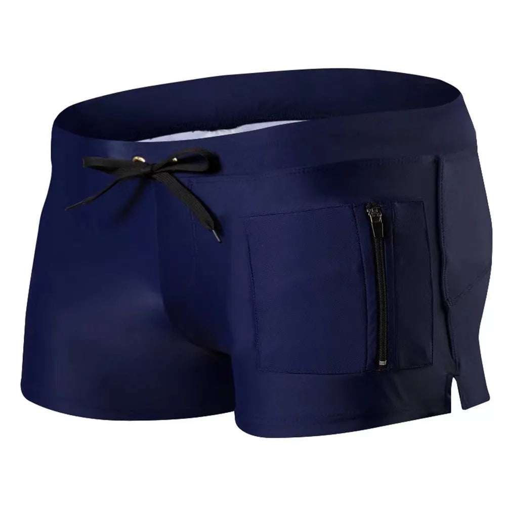 Men's black high-waist swimming trunks with a lace-up front closure on a white background.