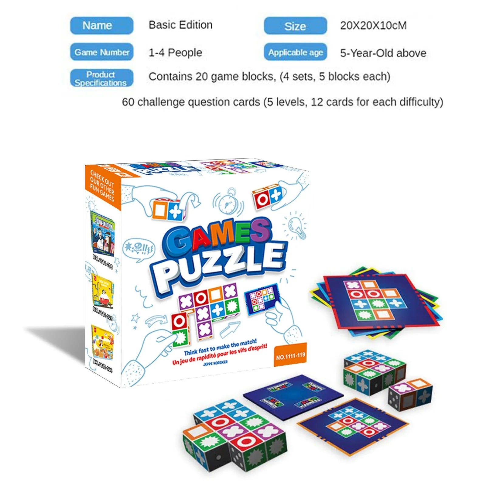 Matching Master board game with colourful ABS blocks and pattern cards in a colour box