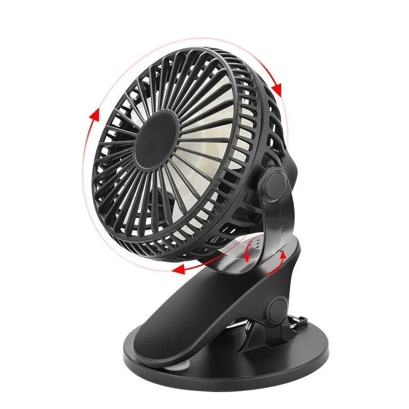 USB rechargeable clip fan with battery options in multiple colours attached to a surface