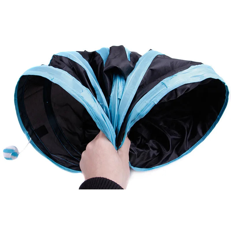Foldable blue pet tunnel with steel wire frame and multiple openings for small animals