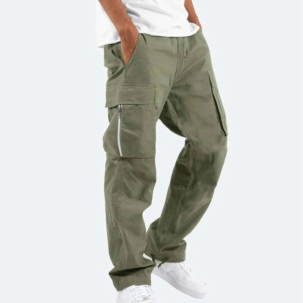 Men's cotton blend overalls in army green with drawstring waist and mid-rise fit