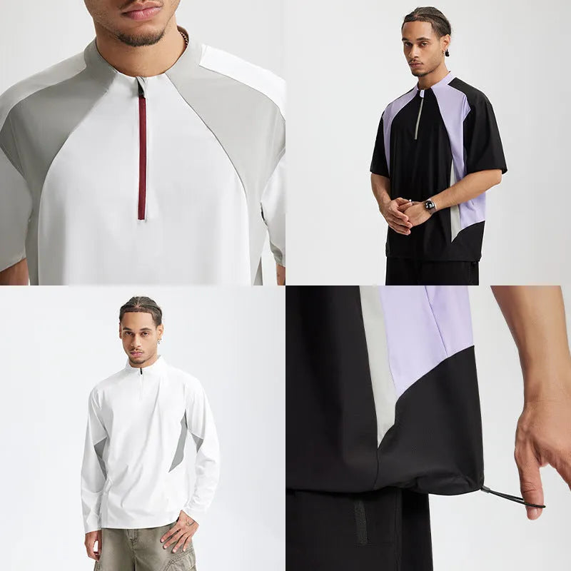 Men's solid colour polyester casual top shown in black and beige, featuring both long sleeve and short sleeve options.