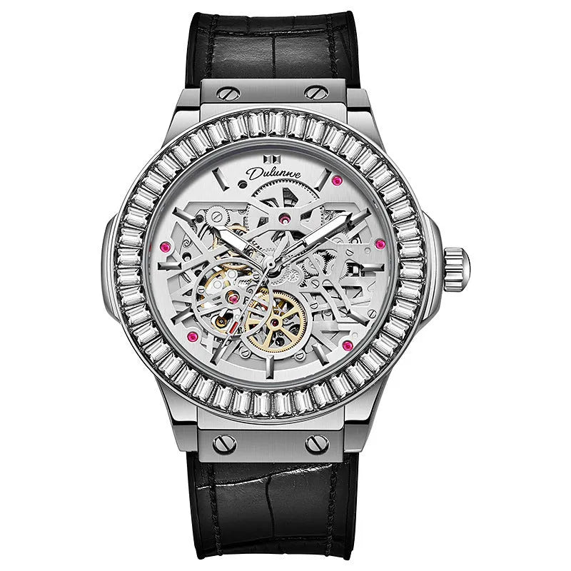 Automatic mechanical men's watch with hollow movement and diamond studs on white shell case