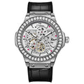 Automatic mechanical men's watch with hollow movement and diamond studs on white shell case