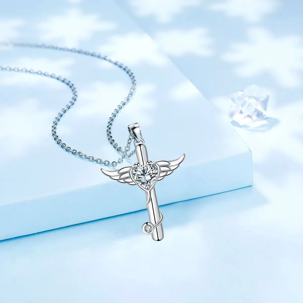 Copper cross stethoscope necklace with wings charm in white diamond or red diamond electroplated finish