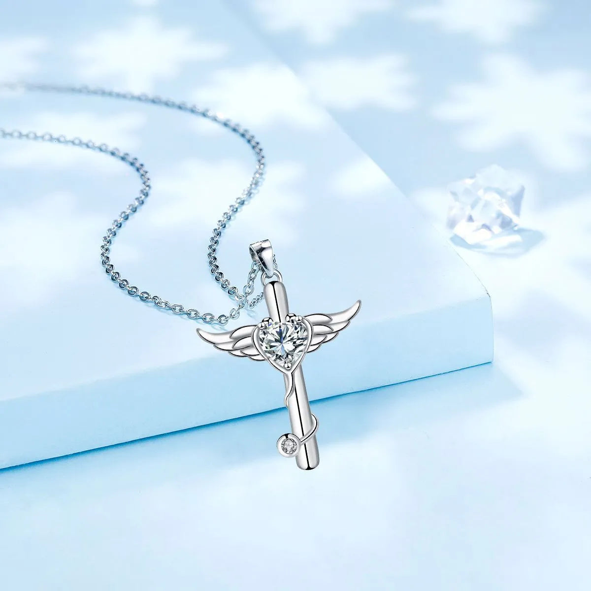 Copper cross stethoscope necklace with wings charm in white diamond or red diamond electroplated finish