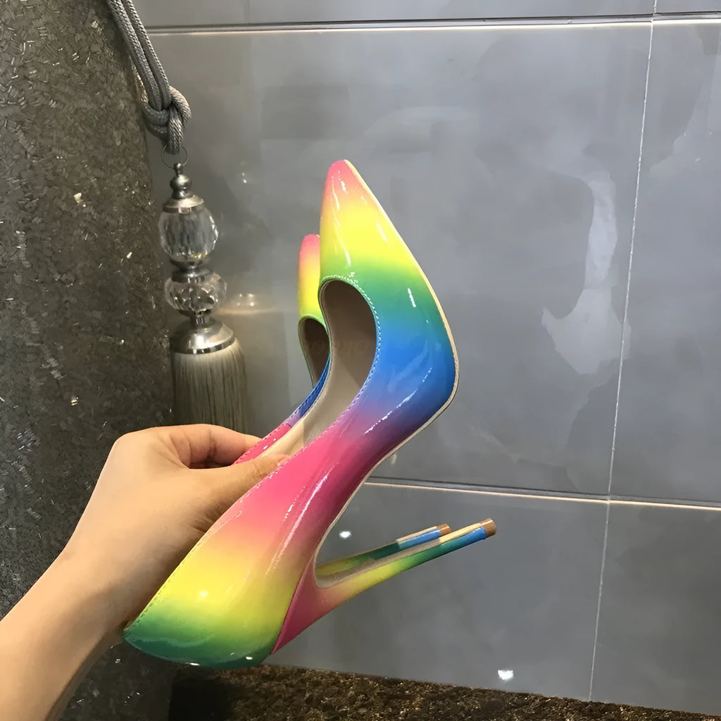 Rainbow patent leather women's high heels with pointed toe and thin stiletto heel