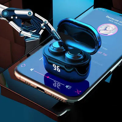 Black stereo Bluetooth earplug headset with NFC logo and power display