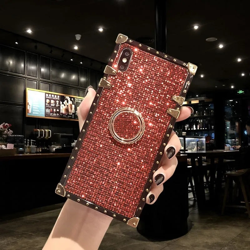 Square TPU mobile phone case with flash diamond bracket for iPhone