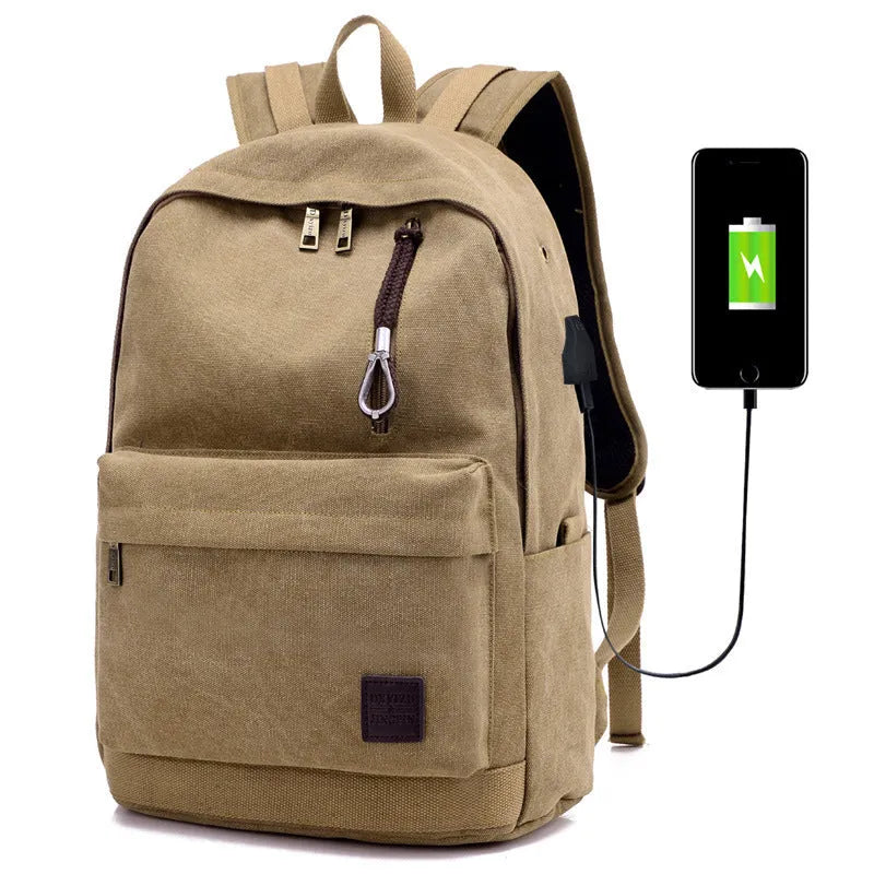 Canvas backpack with USB charging port and multiple pockets including a laptop compartment