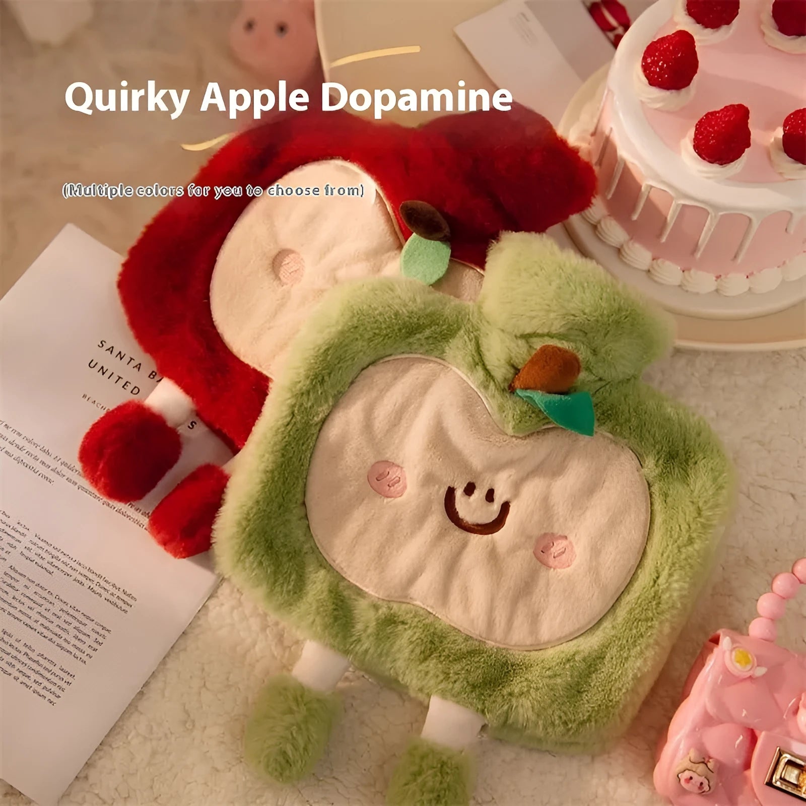 Cute cartoon hot water injection bag in Apple Red and Apple Green, 2000ml capacity, high-density PVC