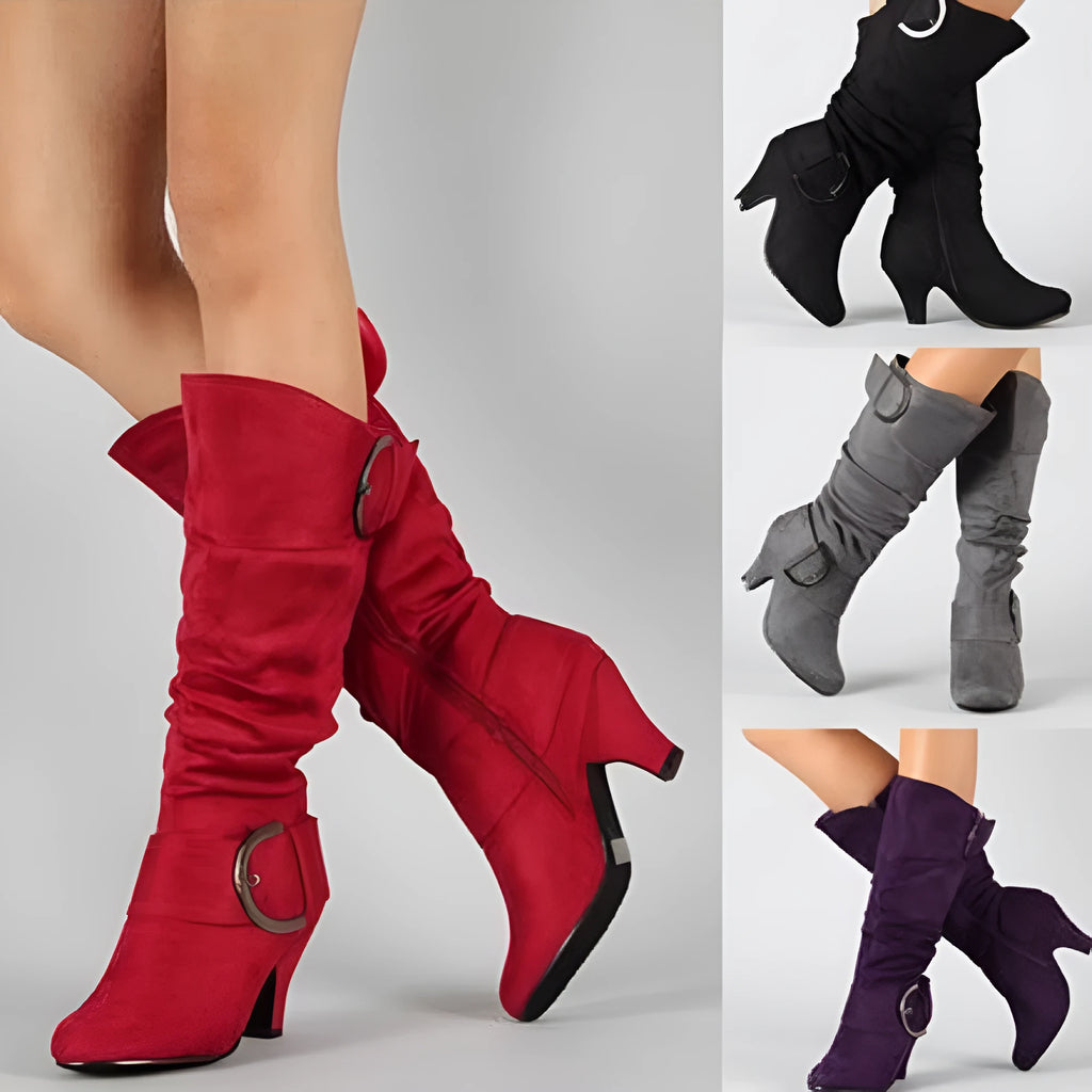 Women's brushed velvet suede high cylinder boots in solid colour with tapered heel and round toe