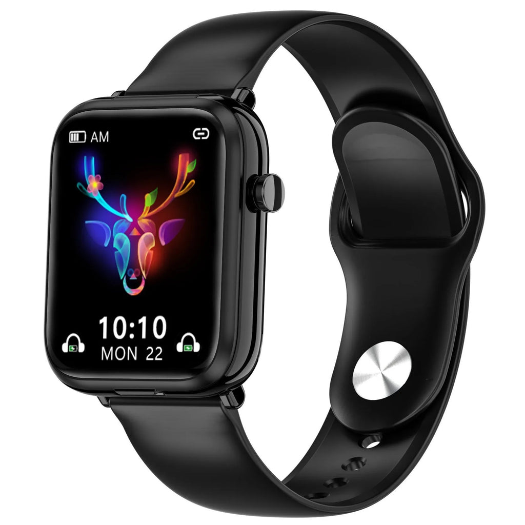 Black all-touch smartwatch with Bluetooth headset, zinc alloy body, and 1.69-inch screen.