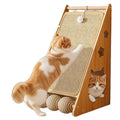 Vertical wall-mounted cat scratch board with sisal surface and hemp rope wrapped ball centre