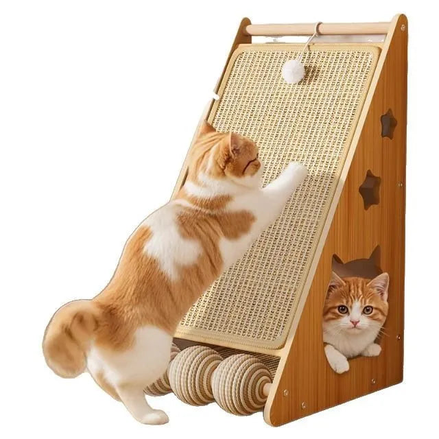 Vertical wall-mounted cat scratch board with sisal surface and hemp rope wrapped ball centre