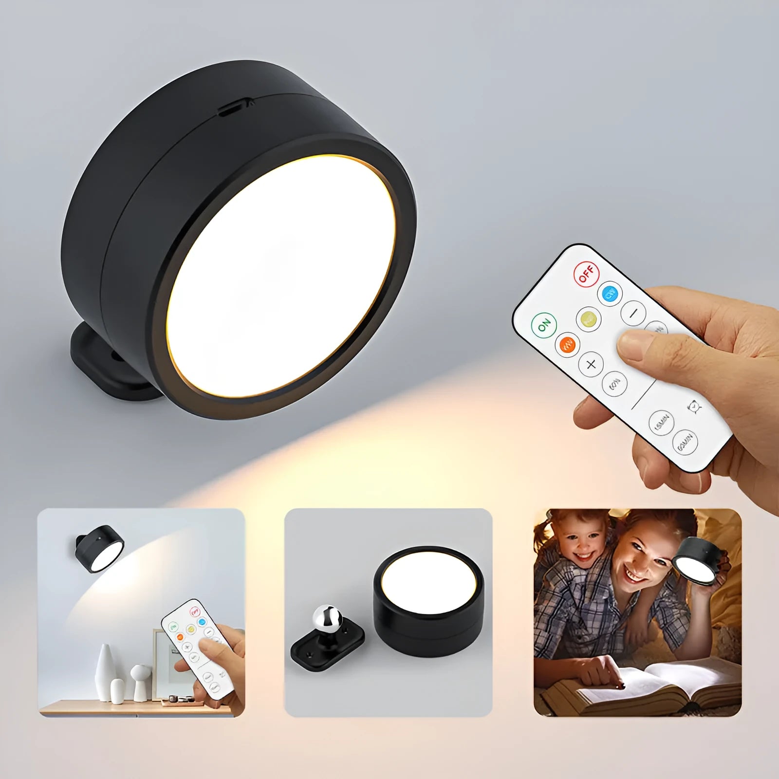 Round rotatable bedside wall lamp with geometric stereo design in white shell against wall showing magnetic mount
