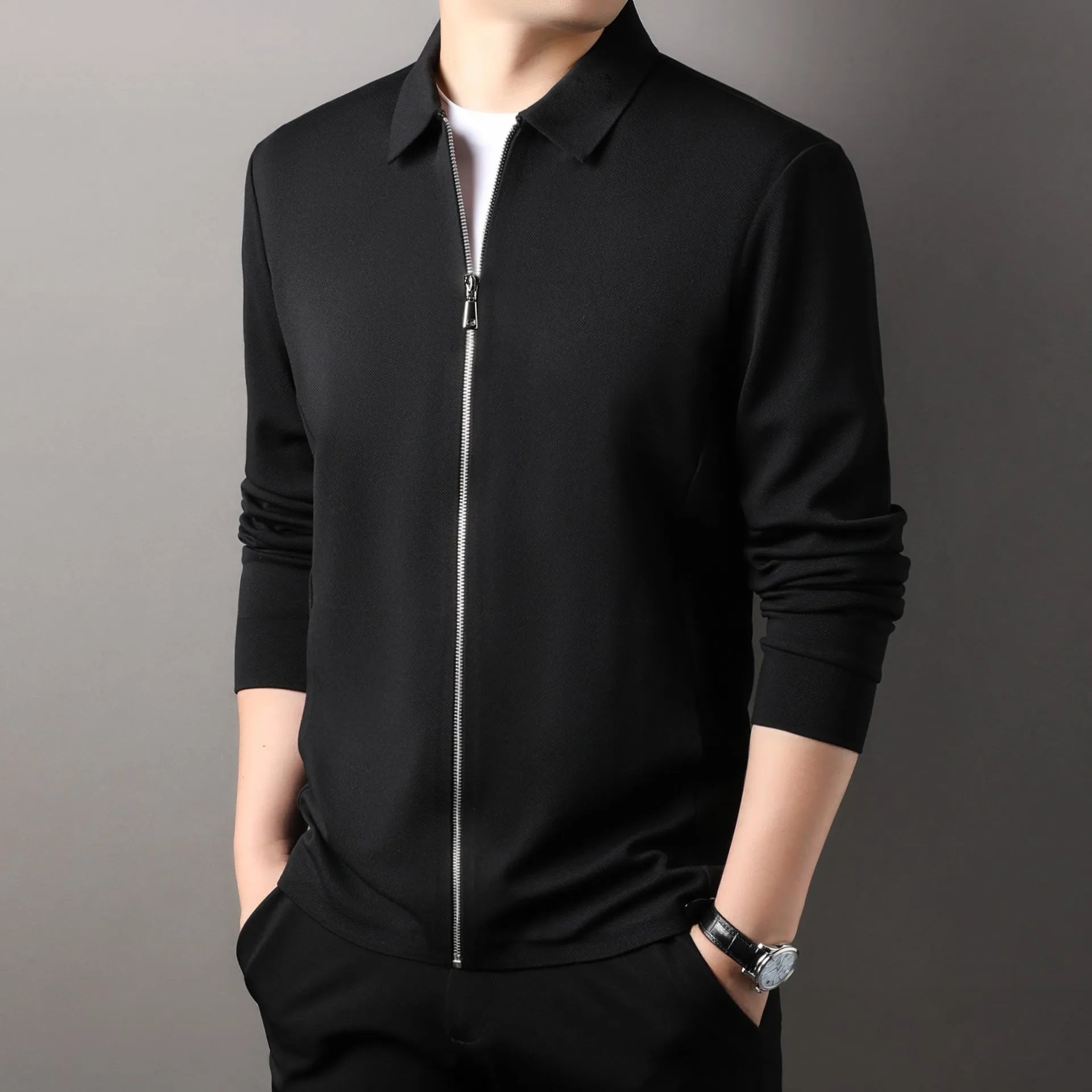 Men's apricot coloured casual business jacket with straight hem and long sleeves.