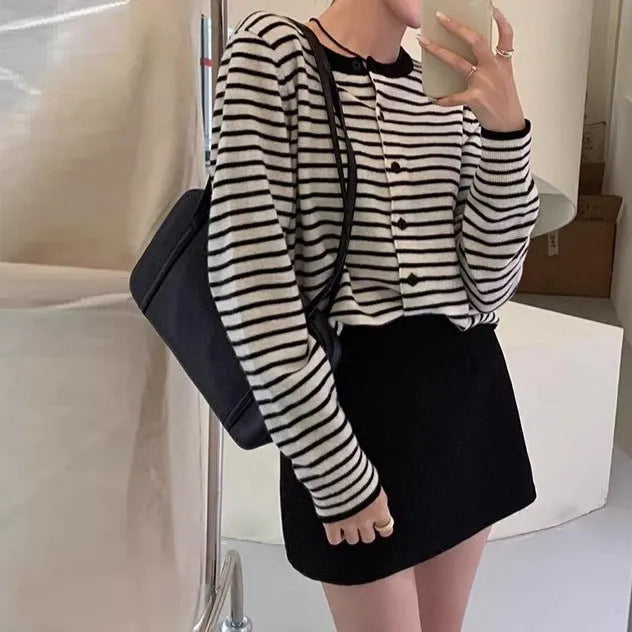 Women's dark grey and white striped slim-fit cardigan coat with long sleeves