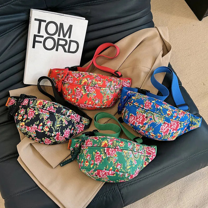 Women's floral Western style waist bag with three-dimensional pocket in black, red, green or blue colour options