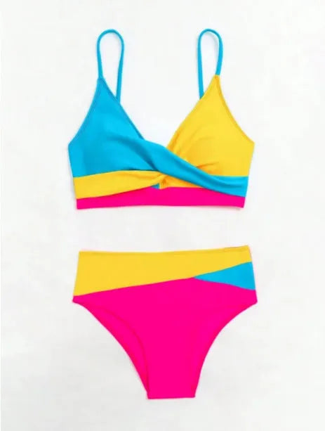Colour contrast bikini set with yellow top and blue briefs, polyester lining, female swimwear