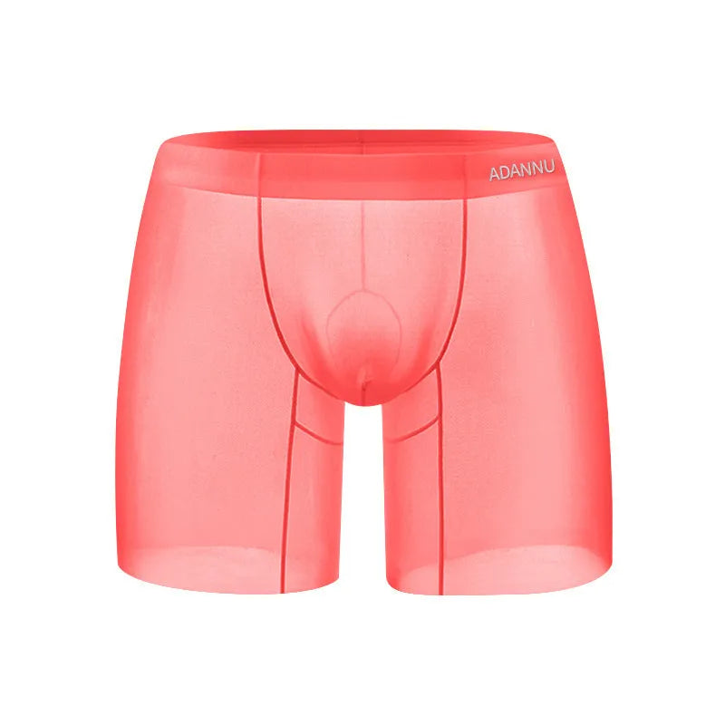 Men's low-waist boxers in orange, pink, and red made from breathable ice silk nylon fabric.