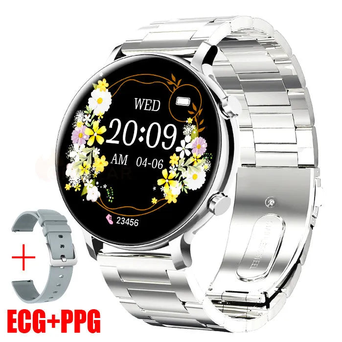 Black Bluetooth smartwatch with stainless steel strap on a wrist, showing call and health stats on screen.