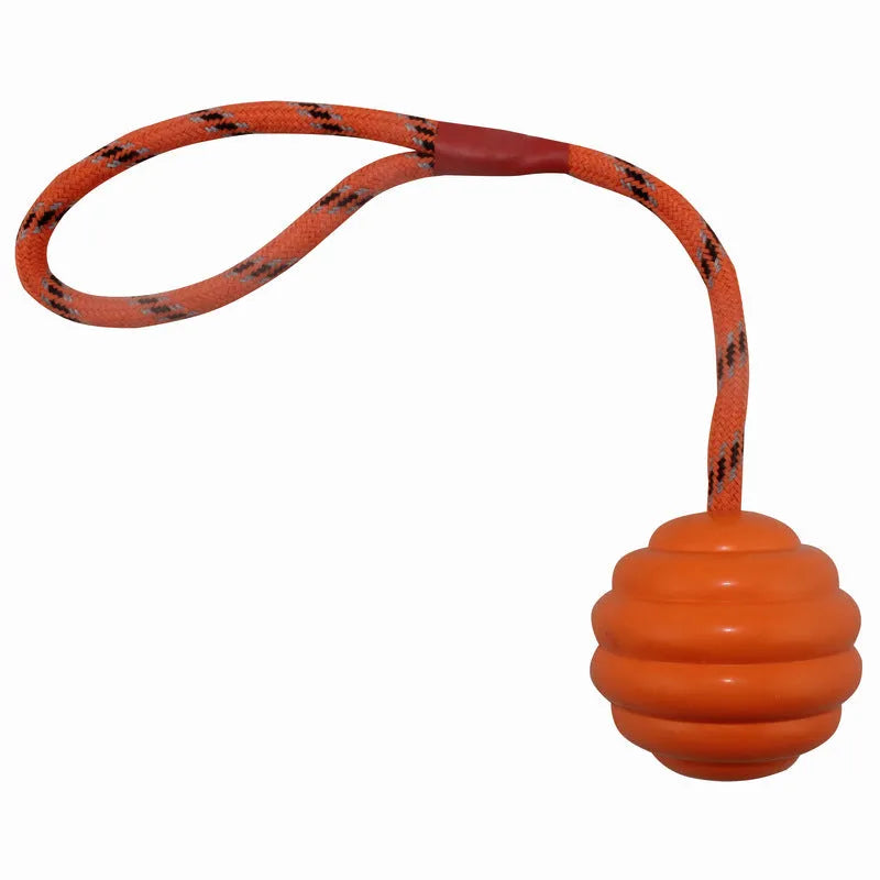 Rubber dog ball with rope knot in blue colour showing textured surface