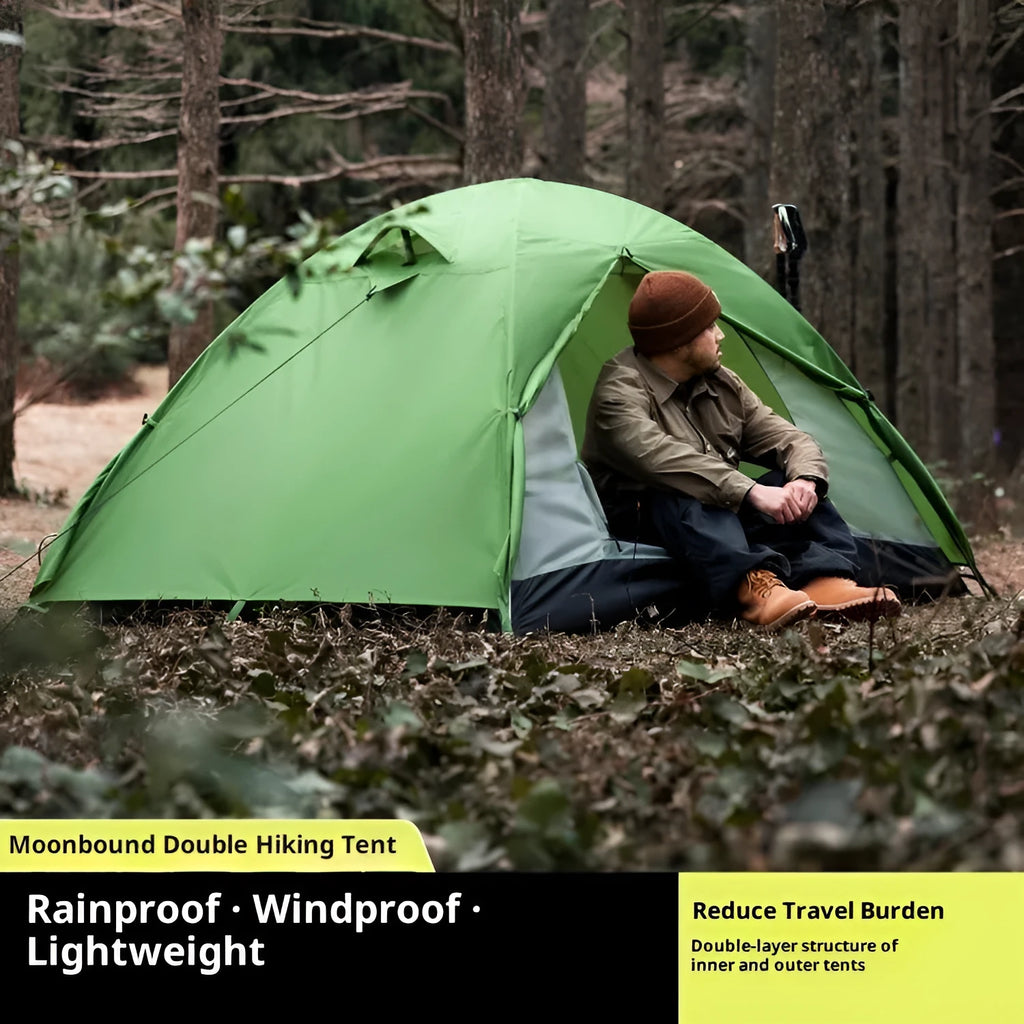 Portable 1-2 person outdoor hiking tent with aluminium rods in Harano Green, set up outdoors