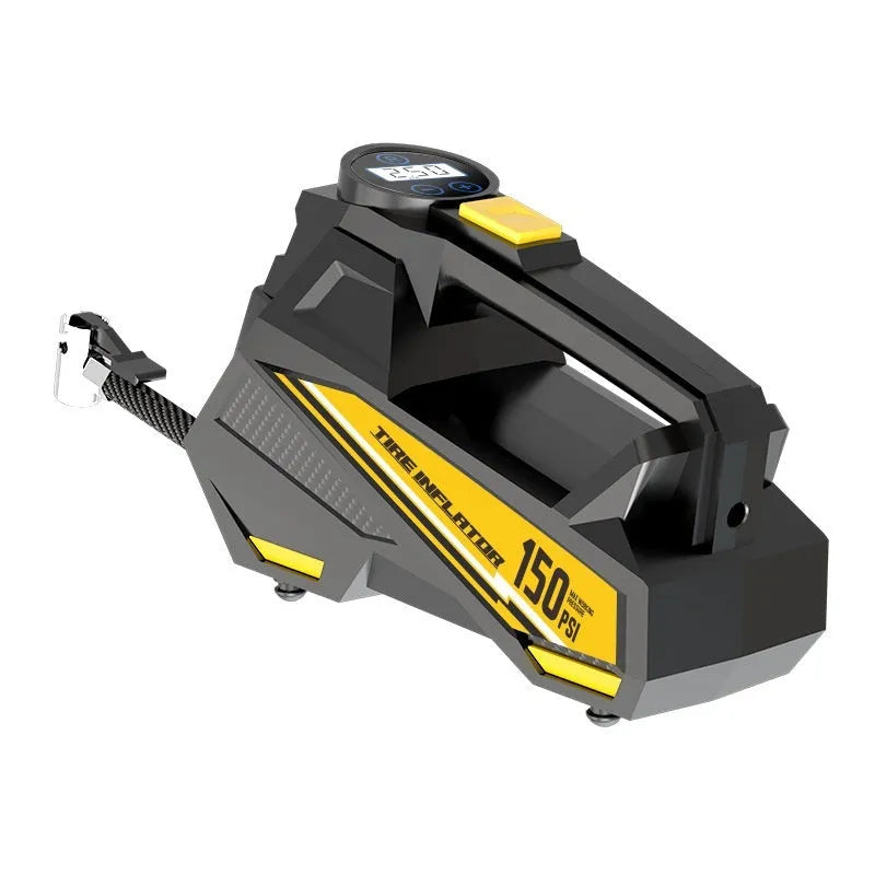 Black vehicle tyre inflator with digital display and ABS housing for 12V car socket connection