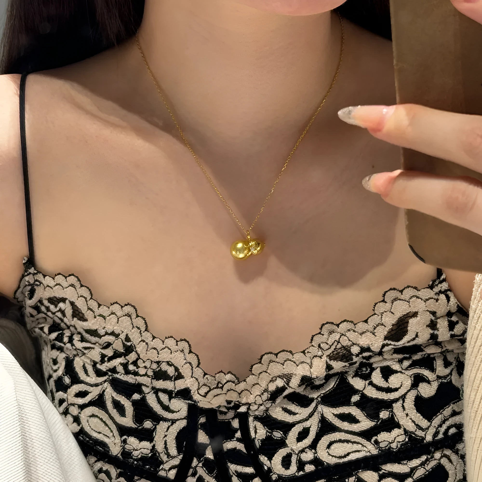 S925 sterling silver necklace with pearl, gourd, and bow pendant on adjustable 41-50cm chain